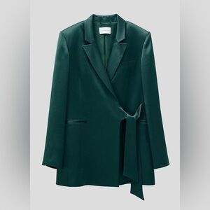 Lattelier Dark Green Satin Notched Collar Wrap Tie Waist Blazer
